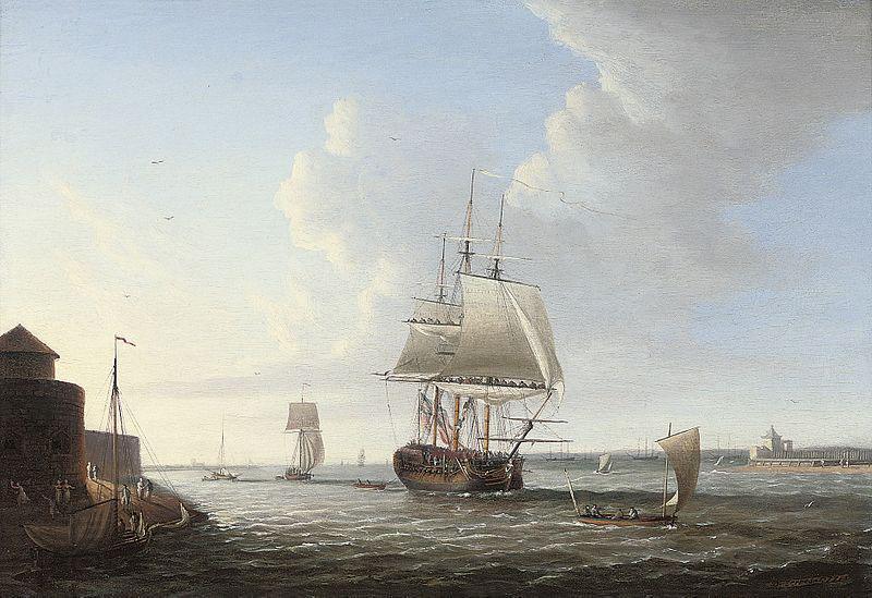 Dominic Serres An English man-o'war shortening sail entering Portsmouth harbour, with Fort Blockhouse off her port quarter oil painting picture